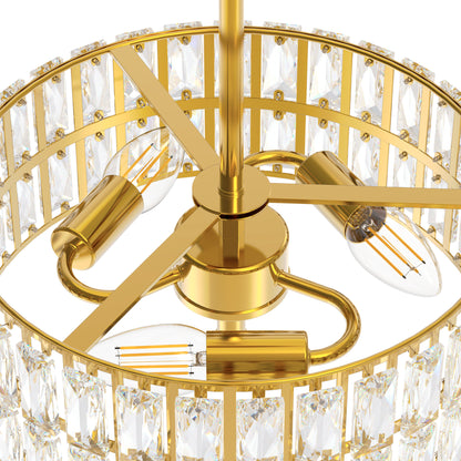 YANSUN 3-Light Gold Drum Chandelier with Crystal Glass Soft Shade for Dining Room, Bedroom with No Bulbs Included