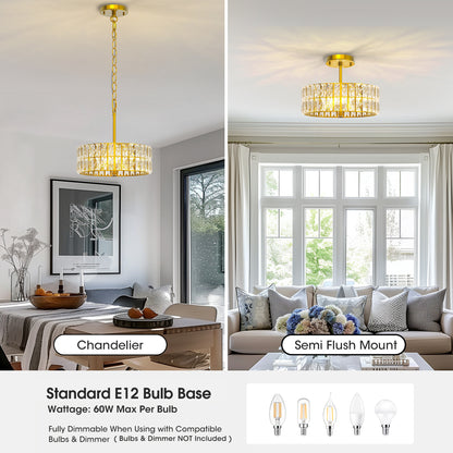 YANSUN 3-Light Gold Drum Chandelier with Crystal Glass Soft Shade for Dining Room, Bedroom with No Bulbs Included