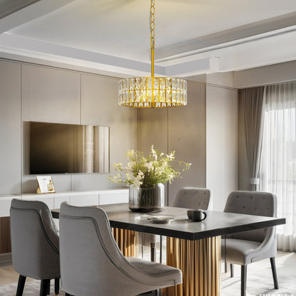 YANSUN 3-Light Gold Drum Chandelier with Crystal Glass Soft Shade for Dining Room, Bedroom with No Bulbs Included