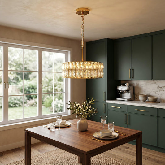 YANSUN 3-Light Gold Drum Chandelier with Crystal Glass Soft Shade for Dining Room, Bedroom with No Bulbs Included
