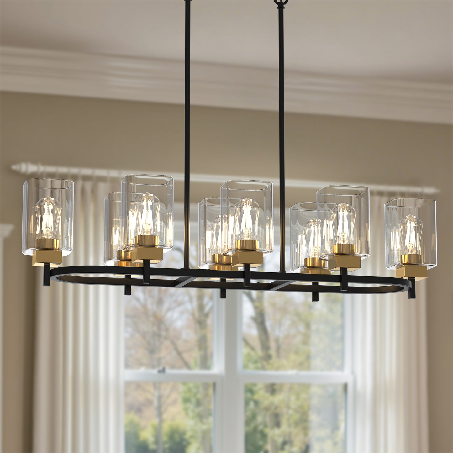 YANSUN 8-Light Linear Ring Chandelier in Black & Gold Finish, E26 Base, No Bulbs Included