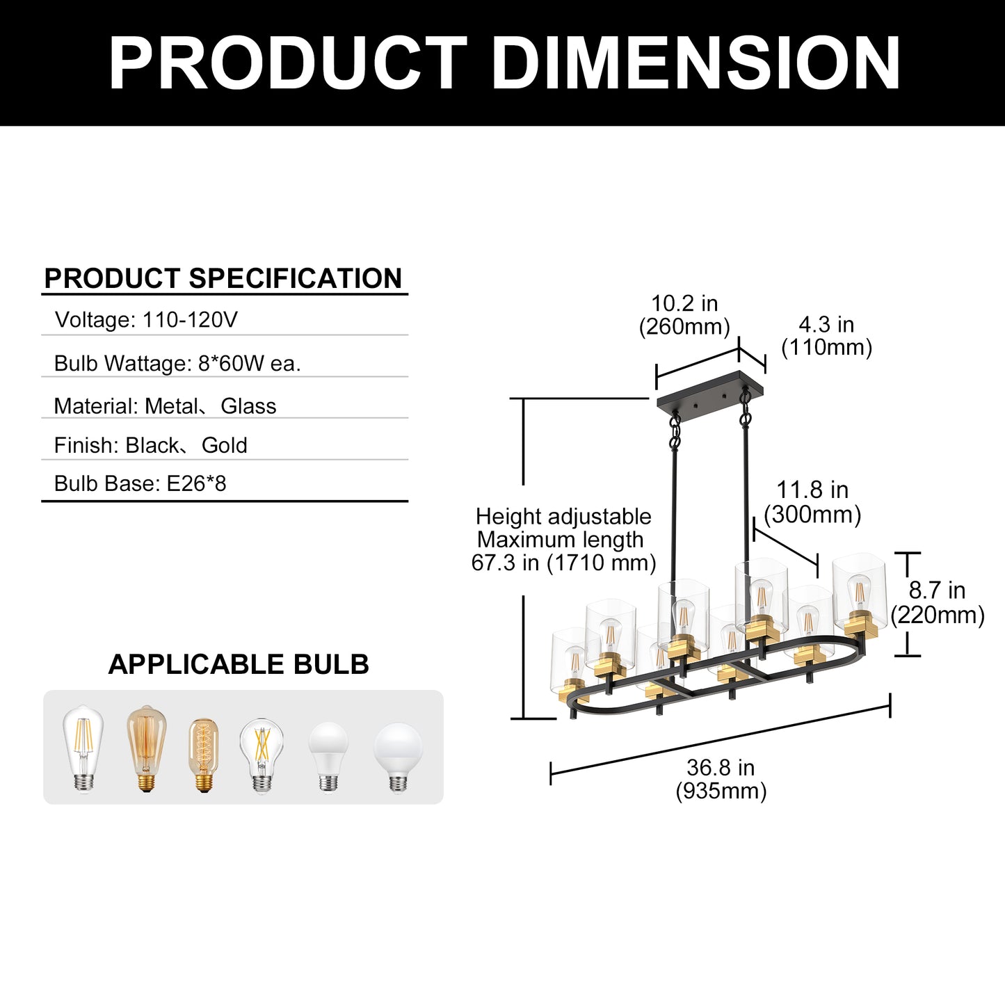YANSUN 8-Light Linear Ring Chandelier in Black & Gold Finish, E26 Base, No Bulbs Included