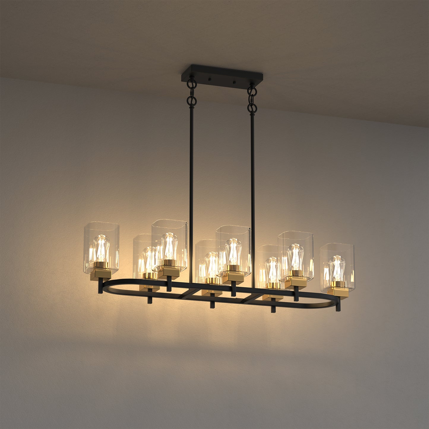 YANSUN 8-Light Linear Ring Chandelier in Black & Gold Finish, E26 Base, No Bulbs Included