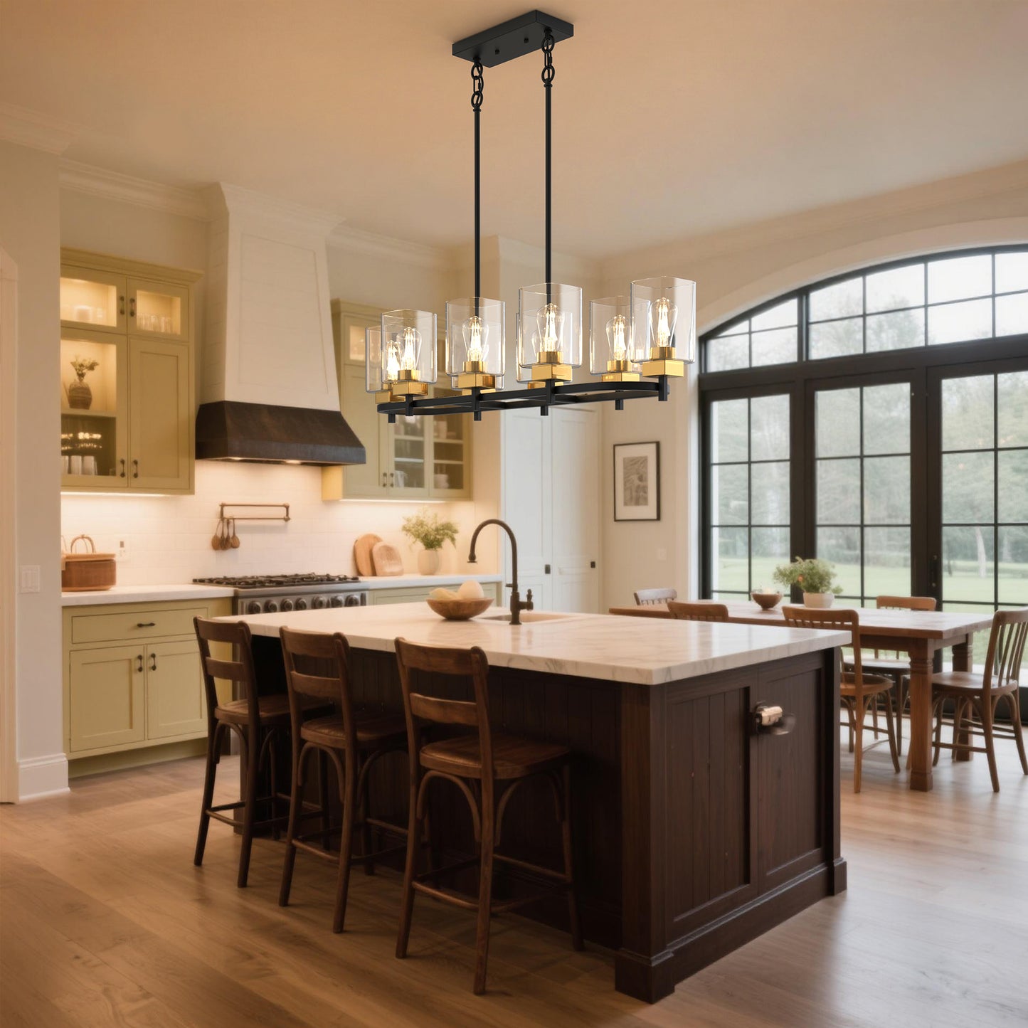 YANSUN 8-Light Linear Ring Chandelier in Black & Gold Finish, E26 Base, No Bulbs Included