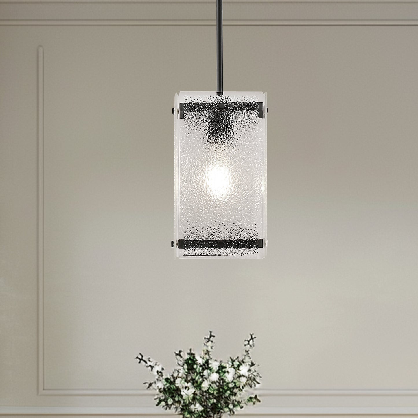 YANSUN Modern 1-Light Black Pendant Light with Stone-Pattern Glass Shade and Beveled Edge, Adjustable Rod, E26 Base