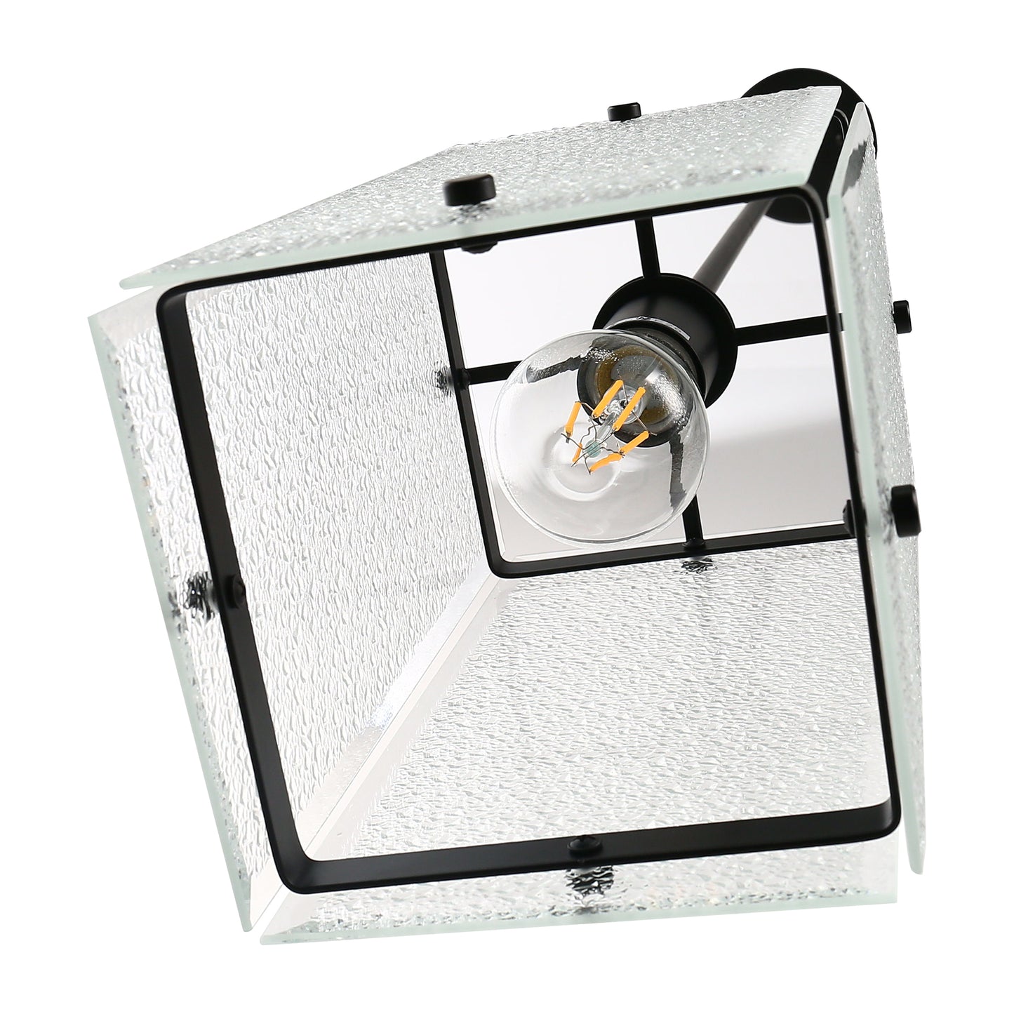YANSUN Modern 1-Light Black Pendant Light with Stone-Pattern Glass Shade and Beveled Edge, Adjustable Rod, E26 Base