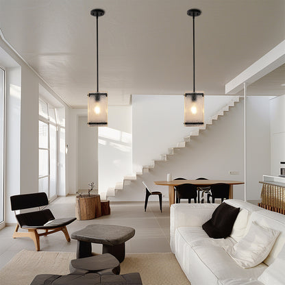 YANSUN Modern 1-Light Black Pendant Light with Stone-Pattern Glass Shade and Beveled Edge, Adjustable Rod, E26 Base
