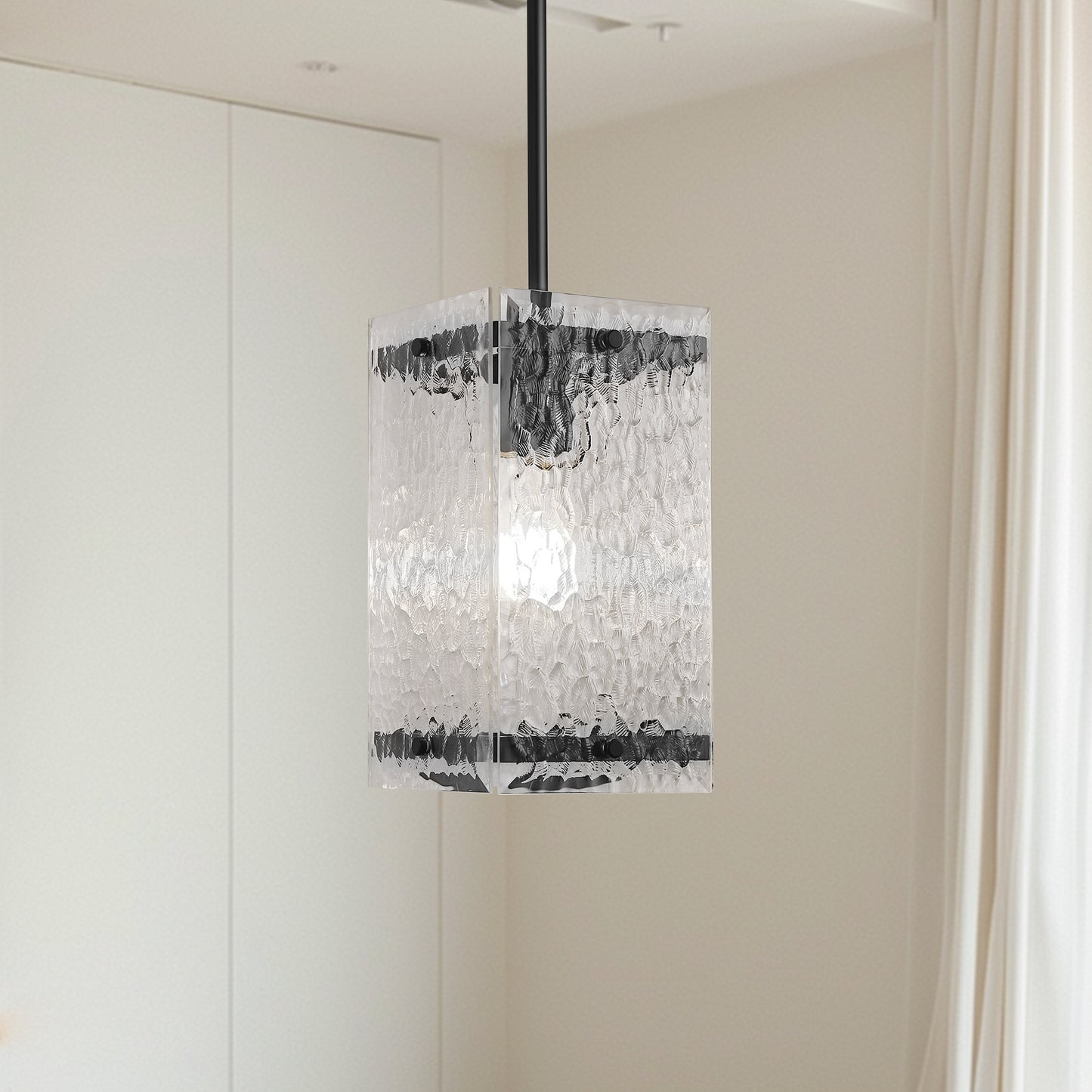 YANSUN 1-Light Black Hanging Pendant Light with Water Glass Shade for Kitchen Island, Living Rooms or Entryways