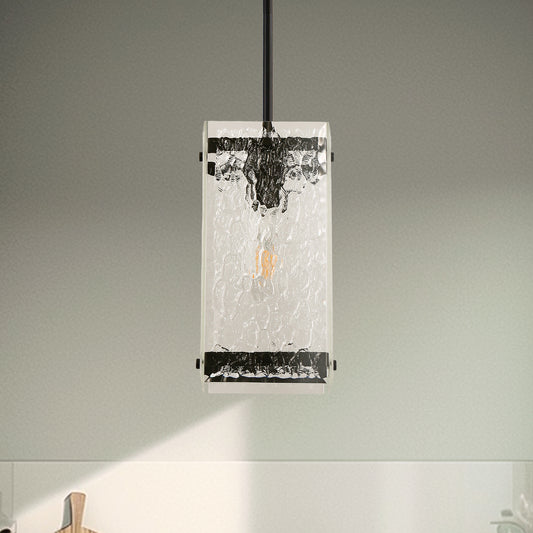 YANSUN 1-Light Black Hanging Pendant Light with Water Glass Shade for Kitchen Island, Living Rooms or Entryways