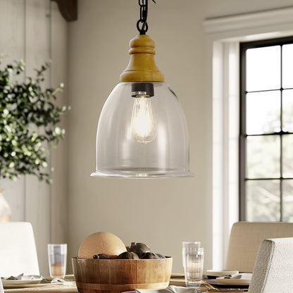 Farmhouse 1-Light Wood Grain Pendant with Large Clear Glass Shade, Rustic E26 Hanging Light for Kitchen Island