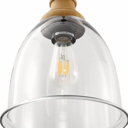 Farmhouse 1-Light Wood Grain Pendant with Large Clear Glass Shade, Rustic E26 Hanging Light for Kitchen Island