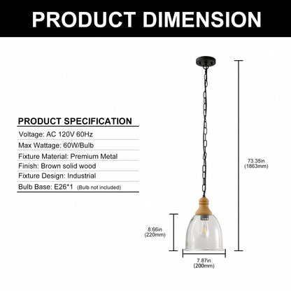 Farmhouse 1-Light Wood Grain Pendant with Large Clear Glass Shade, Rustic E26 Hanging Light for Kitchen Island