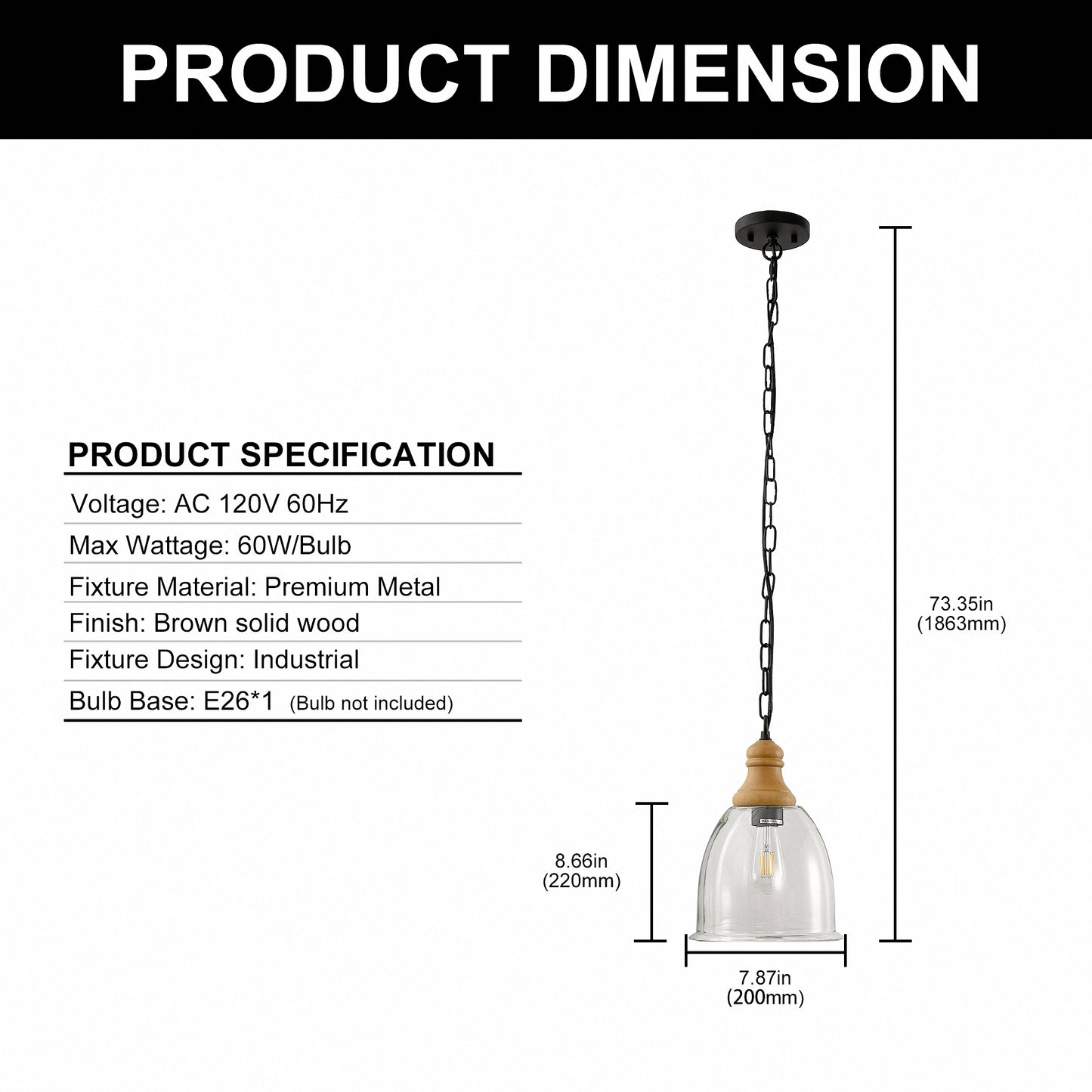 YANSUN 1-Light Pendant Light with Wood Grain Finish, Large Glass Shade, Non-Integrated E26 Base Hanging Fixture