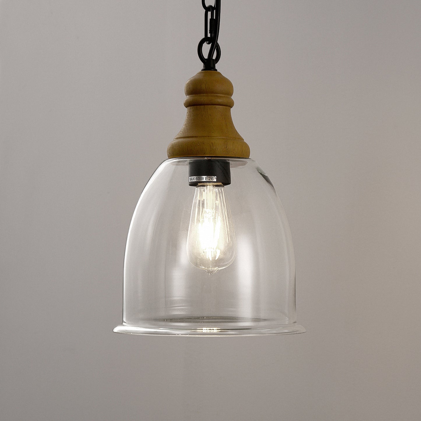 YANSUN 1-Light Pendant Light with Wood Grain Finish, Large Glass Shade, Non-Integrated E26 Base Hanging Fixture