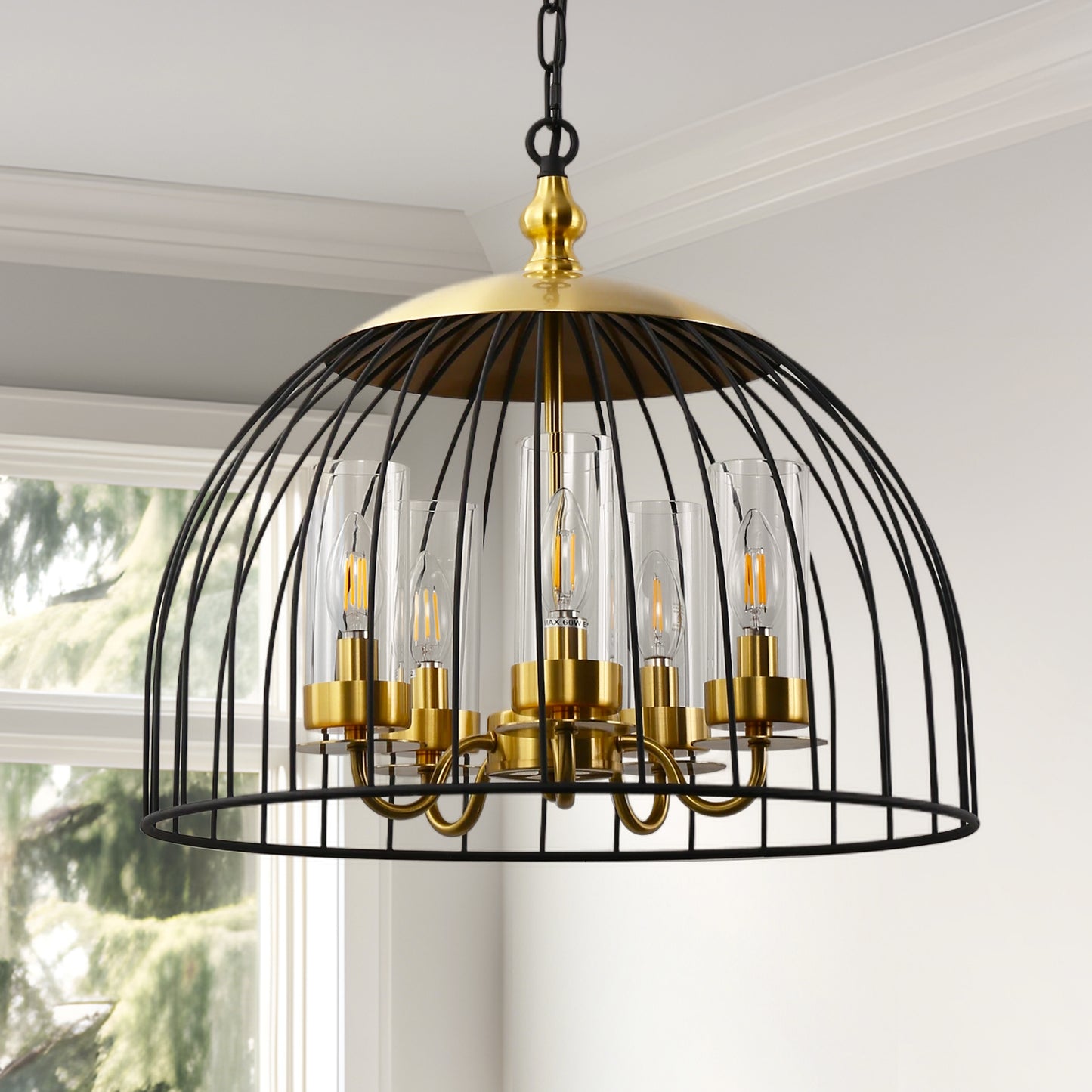 YANSUN 5-Light Black and Gold Dome Pendant Light Chandelier, E12 Base, Stylish Ceiling Fixture for Kitchen or Dining
