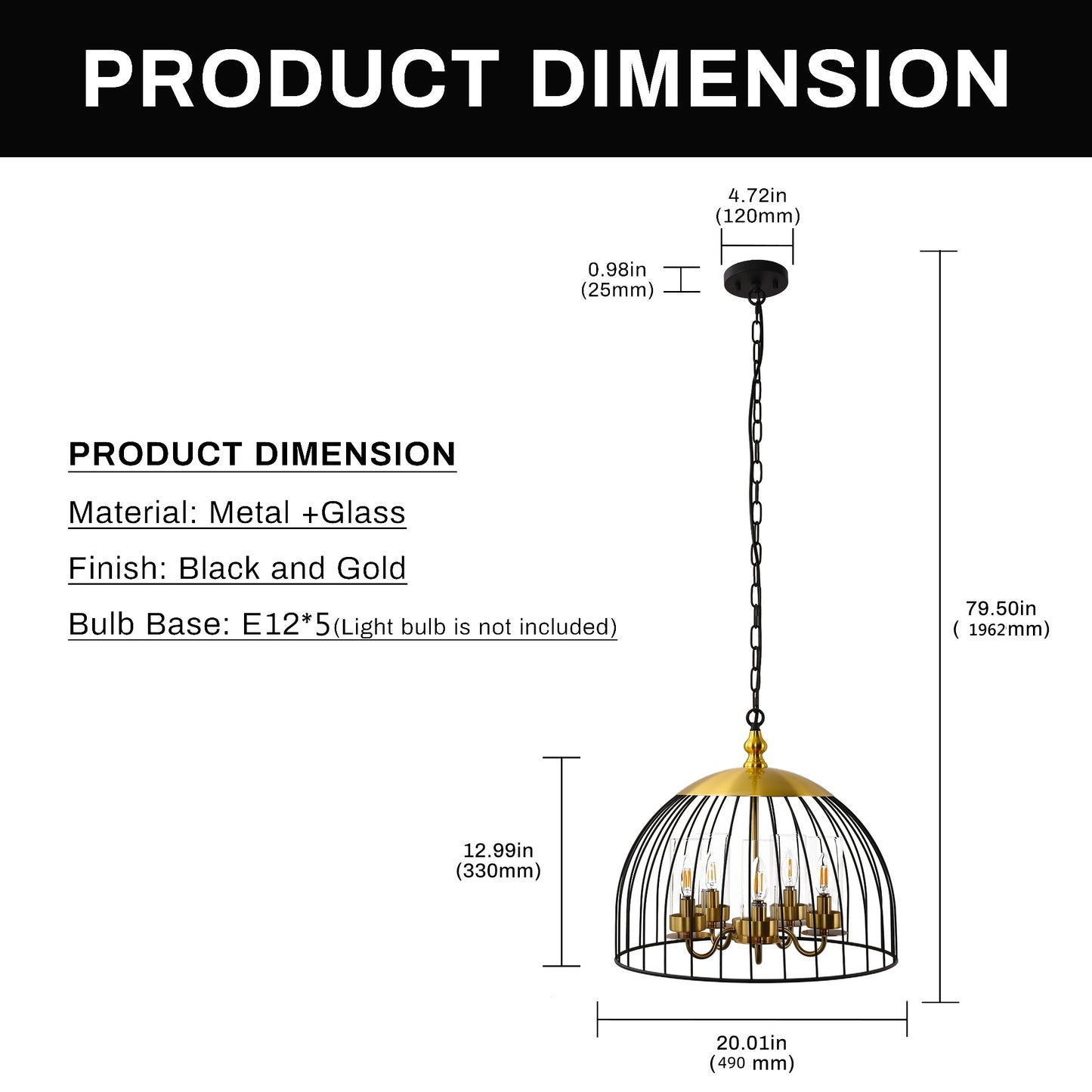 YANSUN 5-Light Black and Gold Dome Pendant Light Chandelier, E12 Base, Stylish Ceiling Fixture for Kitchen or Dining