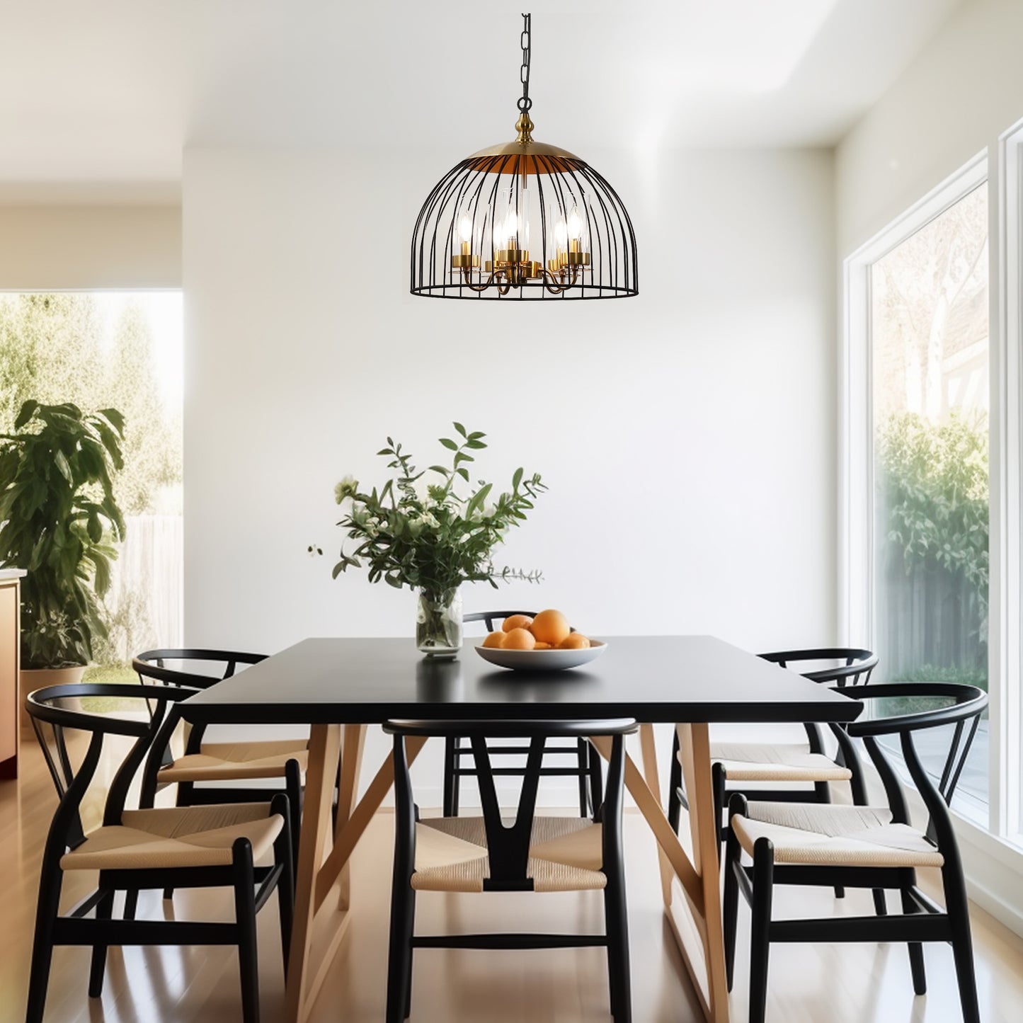 YANSUN 5-Light Black and Gold Dome Pendant Light Chandelier, E12 Base, Stylish Ceiling Fixture for Kitchen or Dining