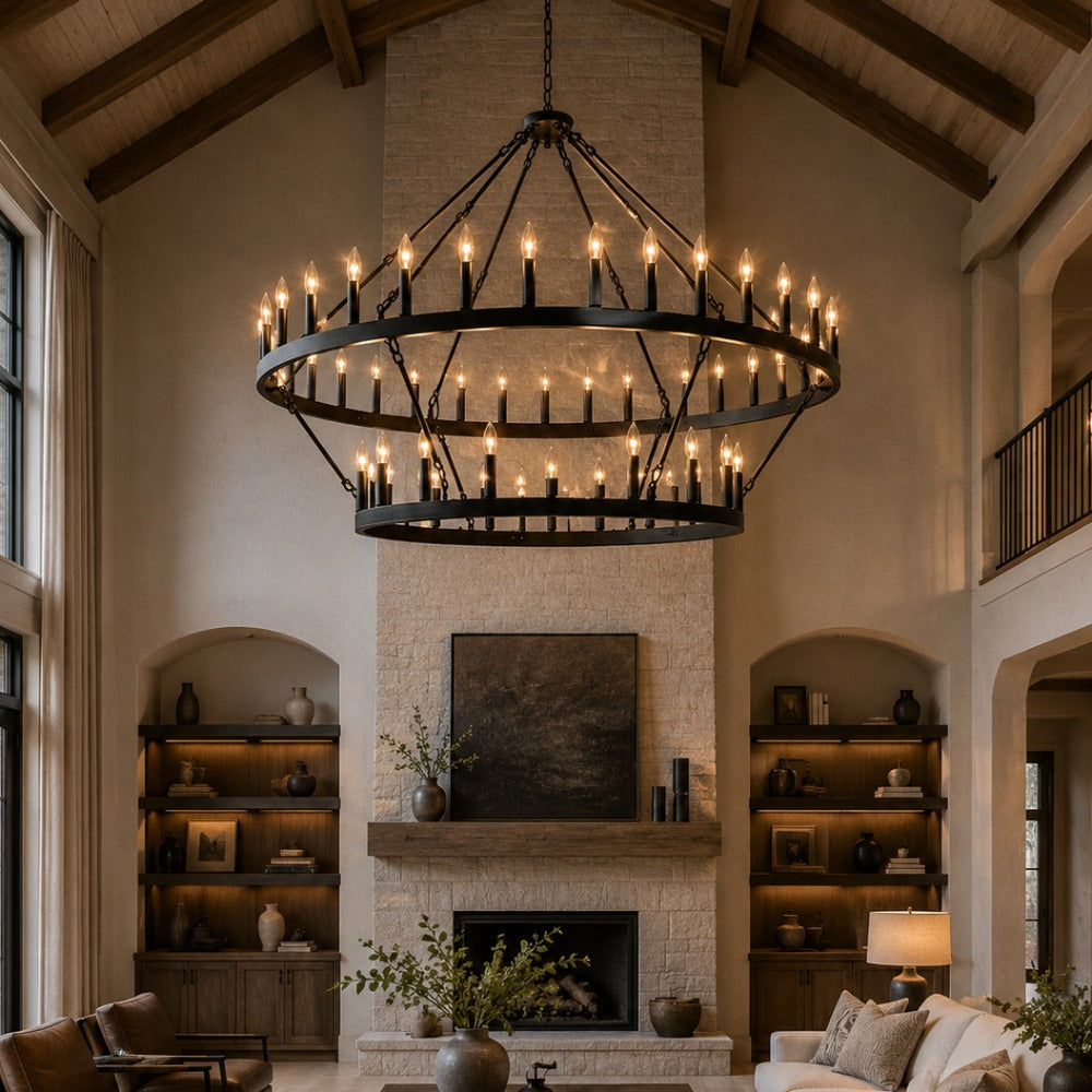 YANSUN 54-Light Industrial Black Chandelier with Double Ring and Straight Rod Design, E12 Base (Bulbs No Included)