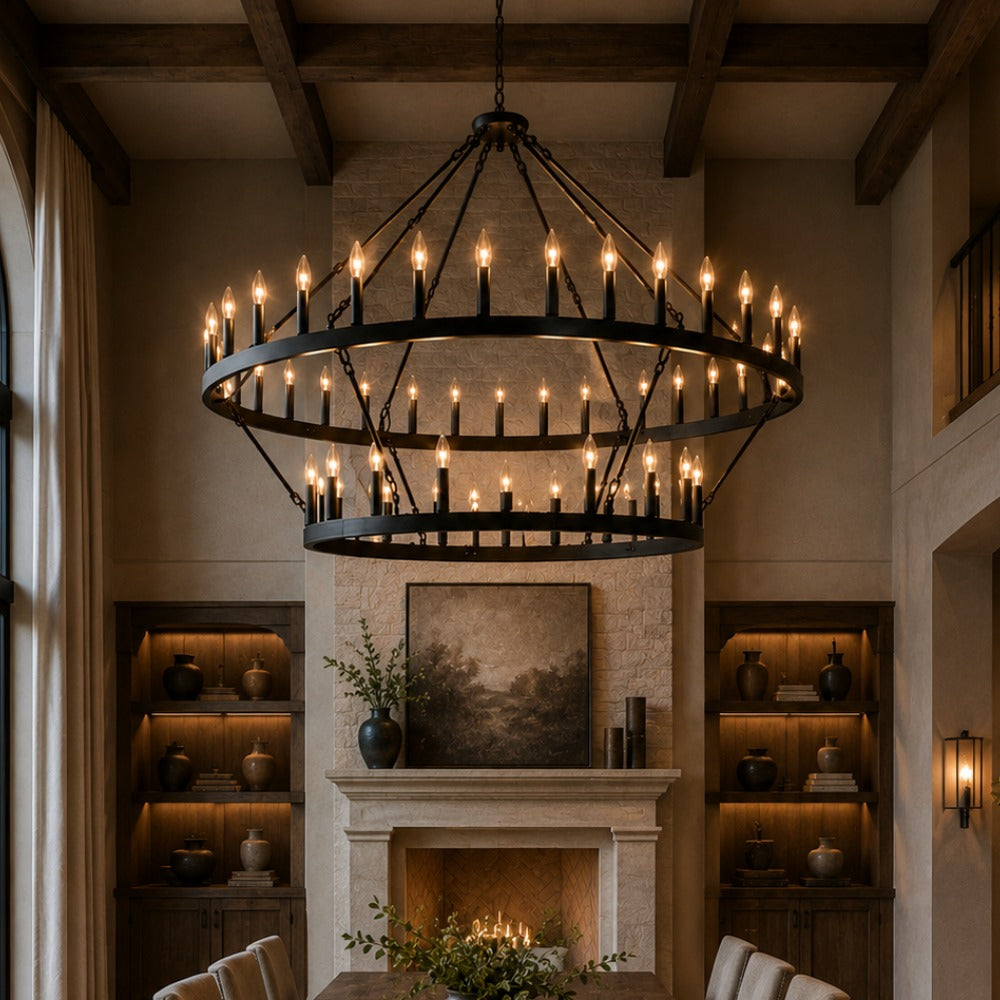 YANSUN 54-Light Industrial Black Chandelier with Double Ring and Straight Rod Design, E12 Base (Bulbs No Included)