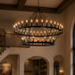 YANSUN 54-Light Industrial Black Chandelier with Double Ring and Straight Rod Design, E12 Base (Bulbs No Included)
