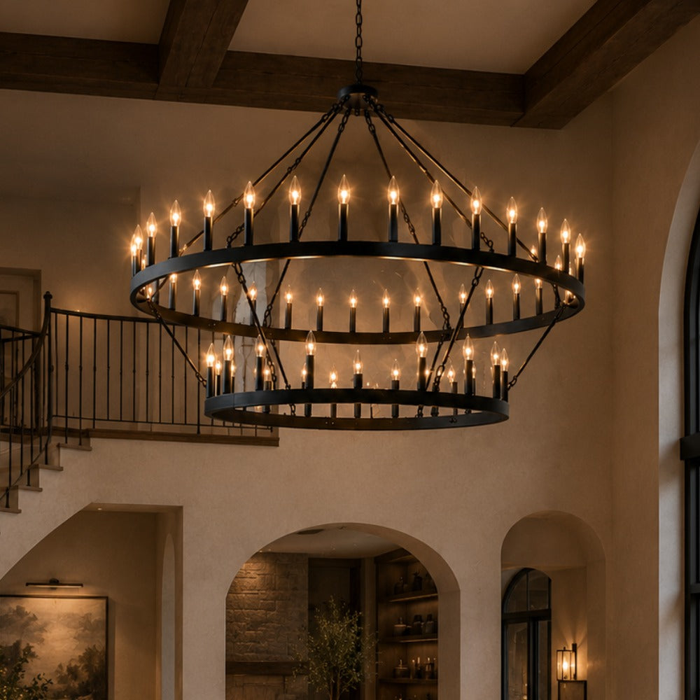 YANSUN 54-Light Industrial Black Chandelier with Double Ring and Straight Rod Design, E12 Base (Bulbs No Included)