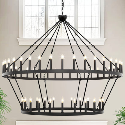 70 in. 64-Light Black Farmhouse Wagon Wheel Chandelier 2-Tiers Extra-Large Pendant Light Fixtures for Living Room