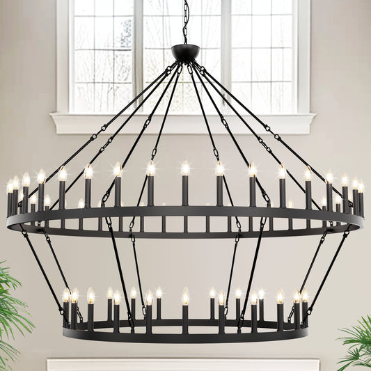 70 in. 64-Light Black Farmhouse Wagon Wheel Chandelier 2-Tiers Extra-Large Pendant Light Fixtures for Living Room