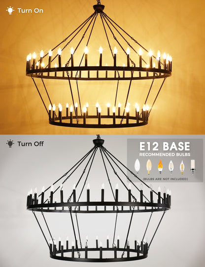 70 in. 64-Light Black Farmhouse Wagon Wheel Chandelier 2-Tiers Extra-Large Pendant Light Fixtures for Living Room