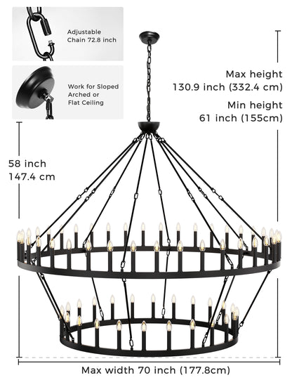 70 in. 64-Light Black Farmhouse Wagon Wheel Chandelier 2-Tiers Extra-Large Pendant Light Fixtures for Living Room