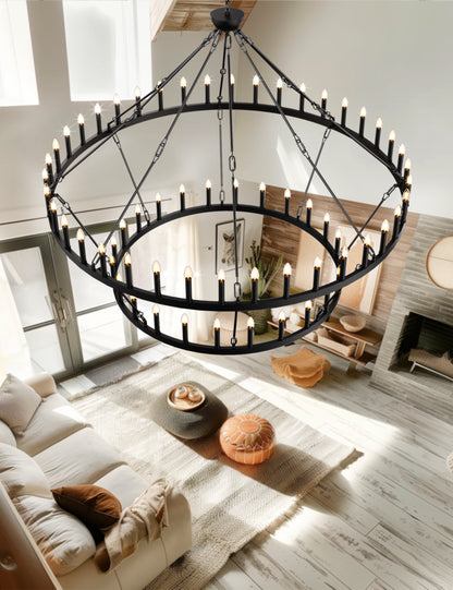 70 in. 64-Light Black Farmhouse Wagon Wheel Chandelier 2-Tiers Extra-Large Pendant Light Fixtures for Living Room