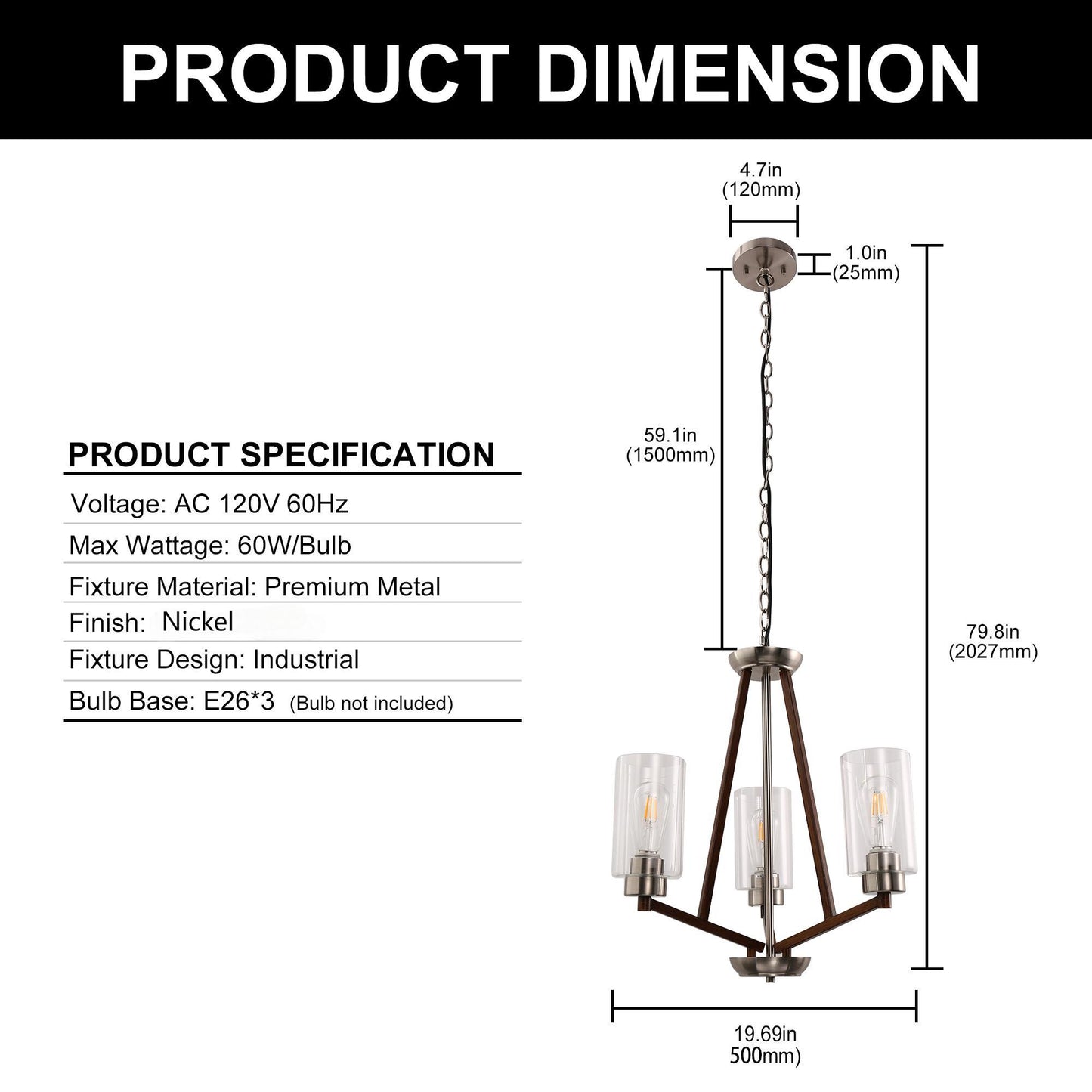 YANSUN 3-Light Brown and Brushed Nickel Chandelier with E26 Base, No Bulbs Included