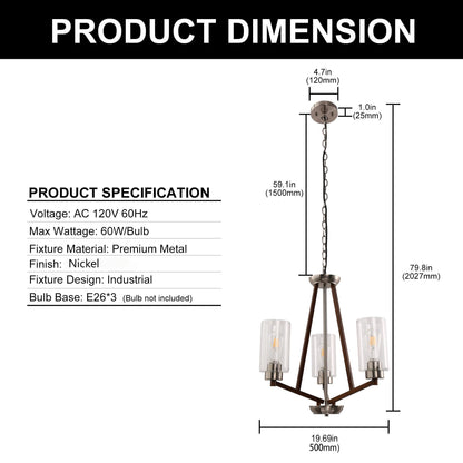 YANSUN 3-Light Brown and Brushed Nickel Chandelier with E26 Base, No Bulbs Included