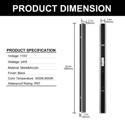 37 in. 1-Light Black Linear Integrated LED Outdoor Wall Light Waterproof Porch Light Wall Lantern Sconce 3000/6000K