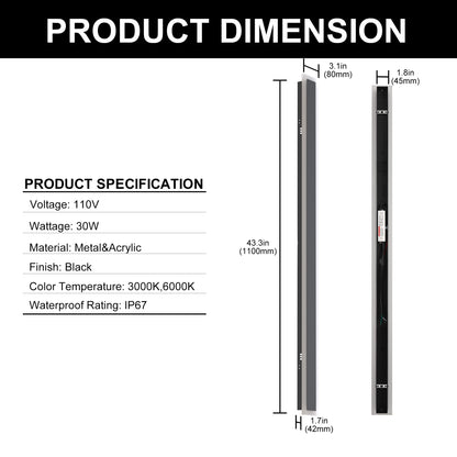 43 in. 30W 1-Light Matte Black Modern Integrated LED Outdoor Wall Light, Waterproof Porch Lantern 3000K/6000K