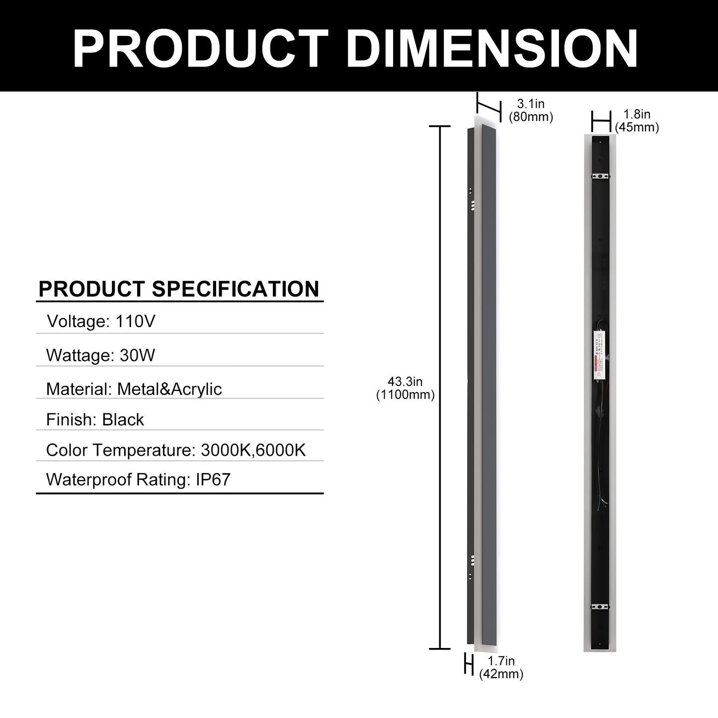 YANSUN 1-Light 43 in. 30 W Matte Black Modern LED Outdoor Wall Light, Waterproof Porch Lantern 3000 K/6000 K