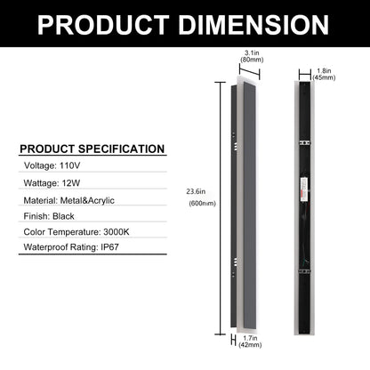24 in. 1-Light Black Modern Integrated LED Outdoor Wall Light, Waterproof Porch Lantern Sconce for Garden