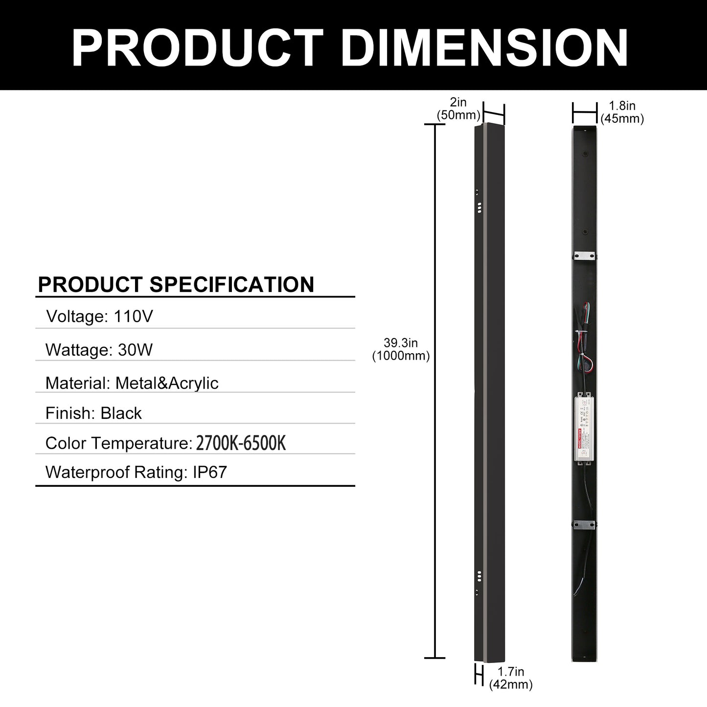 39 in. 30-Watt Black Outdoor Hardwired Linear Waterproof 3000/4500/6000K Integrated LED Wall Lantern Sconce