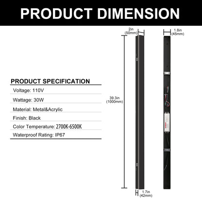 YANSUN 39.3in LED Outdoor Wall Light Slim Linear 30W Dimmable 2700K-6500K with Remote Modern Black Sconce
