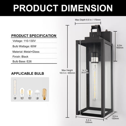 18 in. 2-Pack Large Black Dusk to Dawn Outdoor Waterproof Lantern Wall Lights with Clear Glass Shade(T30 Bulbs Included)