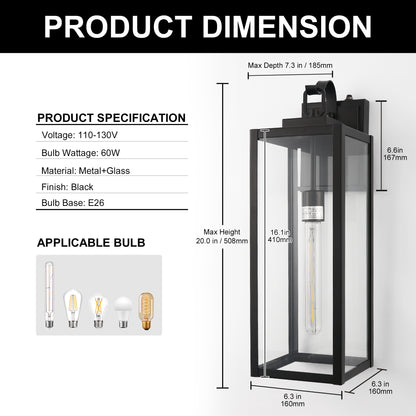 20 in. 2-Pack Large Black Outdoor Wall Lantern Sconce Waterproof with Dusk to Dawn for Porch LED Bulbs Included
