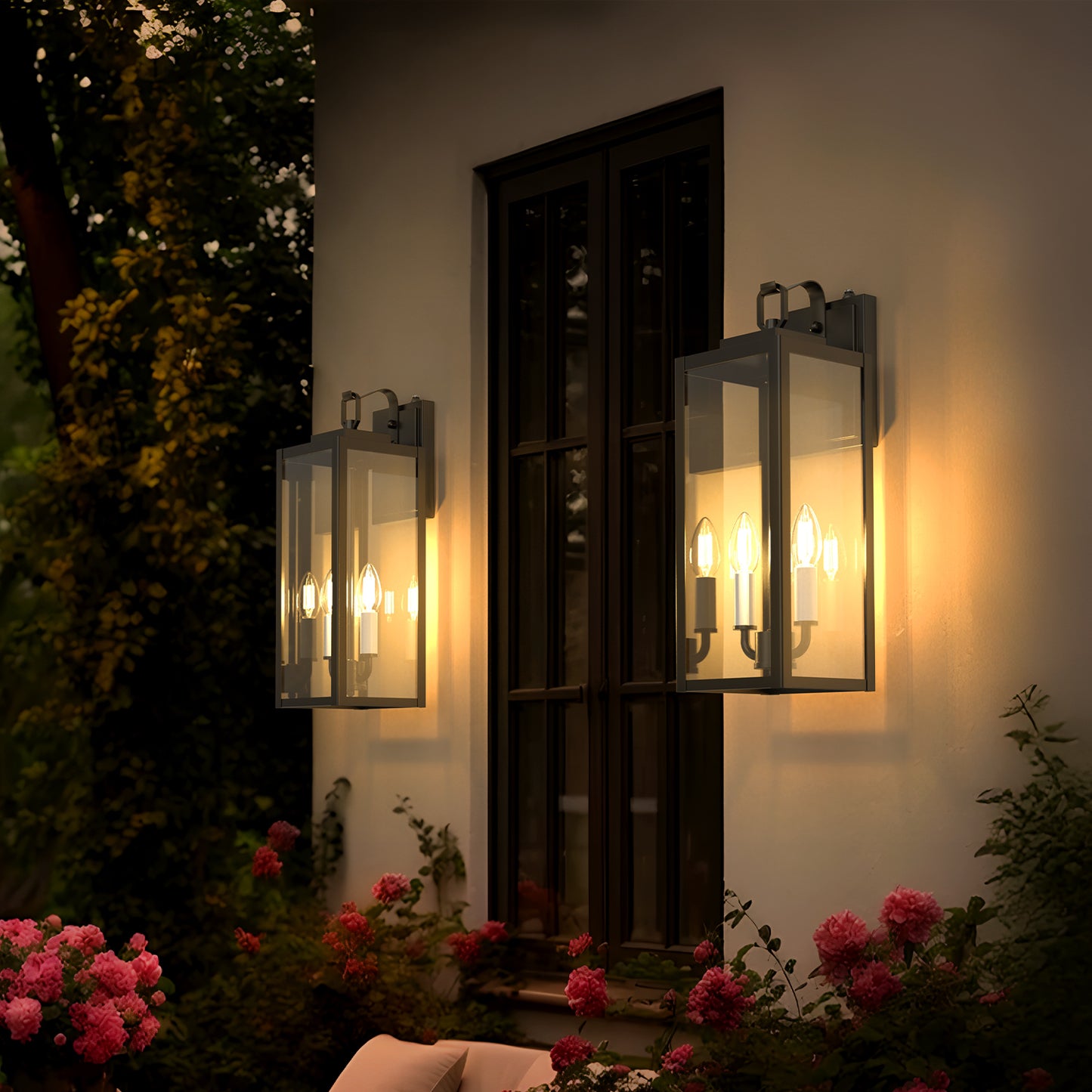 YANSUN 18 in. 2-Light Black and White Dusk to Dawn Outdoor Wall Sconce, Exterior Lantern Wall Light with Glass Shade 2-Packs