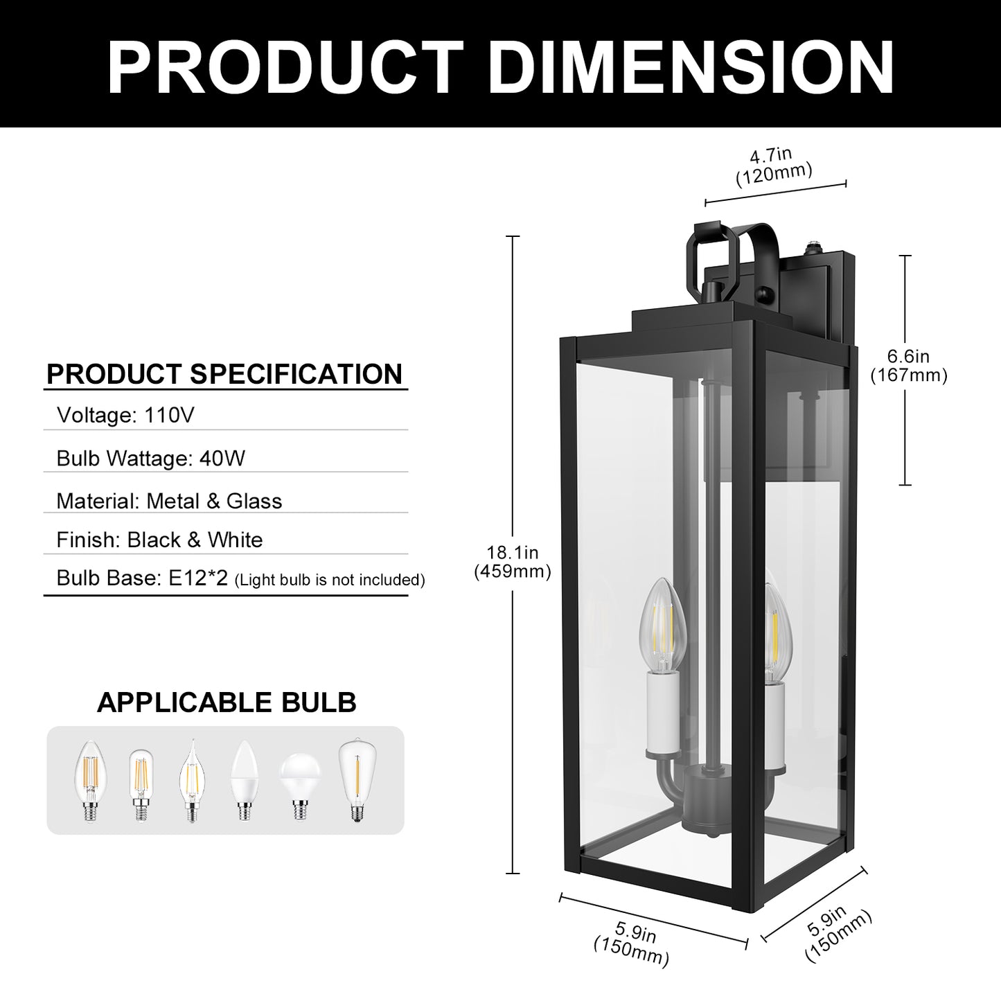 YANSUN 18 in. 2-Light Black and White Dusk to Dawn Outdoor Wall Sconce, Exterior Lantern Wall Light with Glass Shade 2-Packs