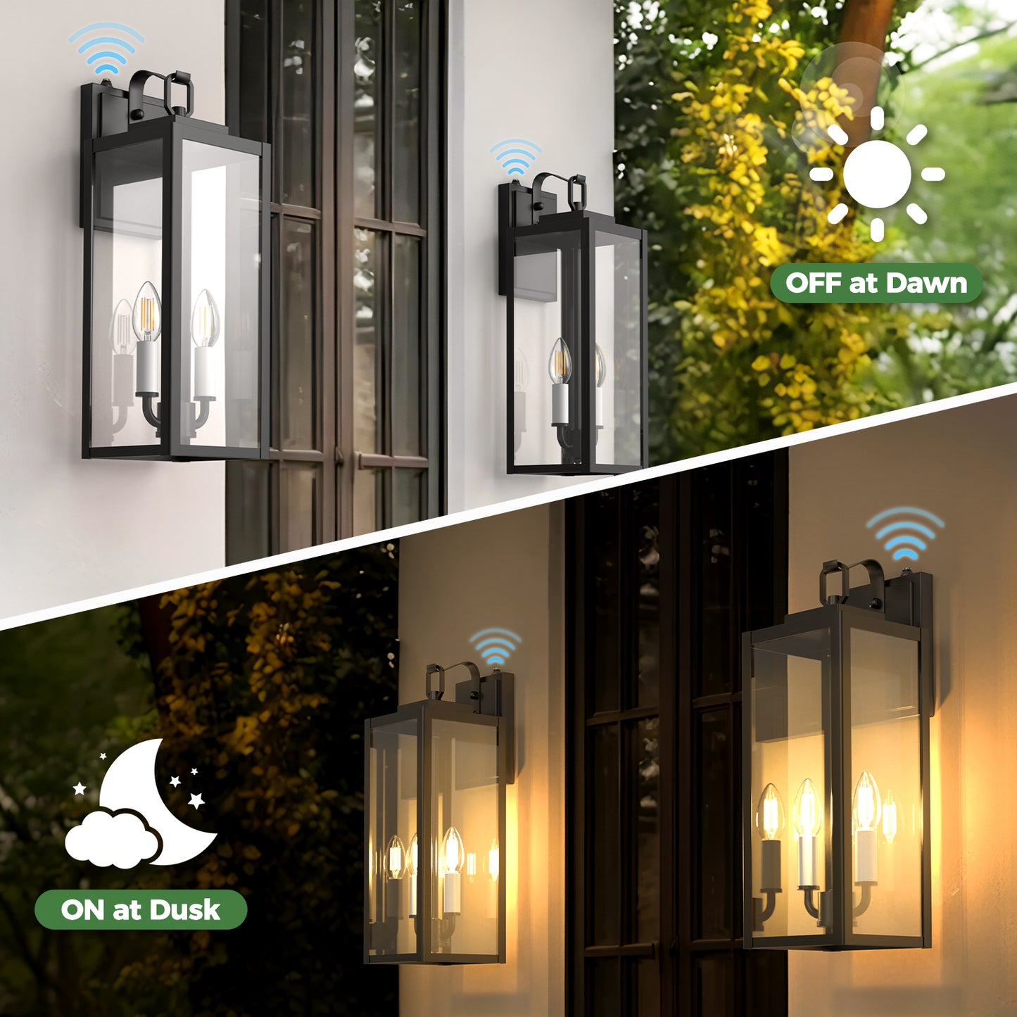 YANSUN 18 in. 2-Light Black and White Dusk to Dawn Outdoor Wall Sconce, Exterior Lantern Wall Light with Glass Shade 2-Packs