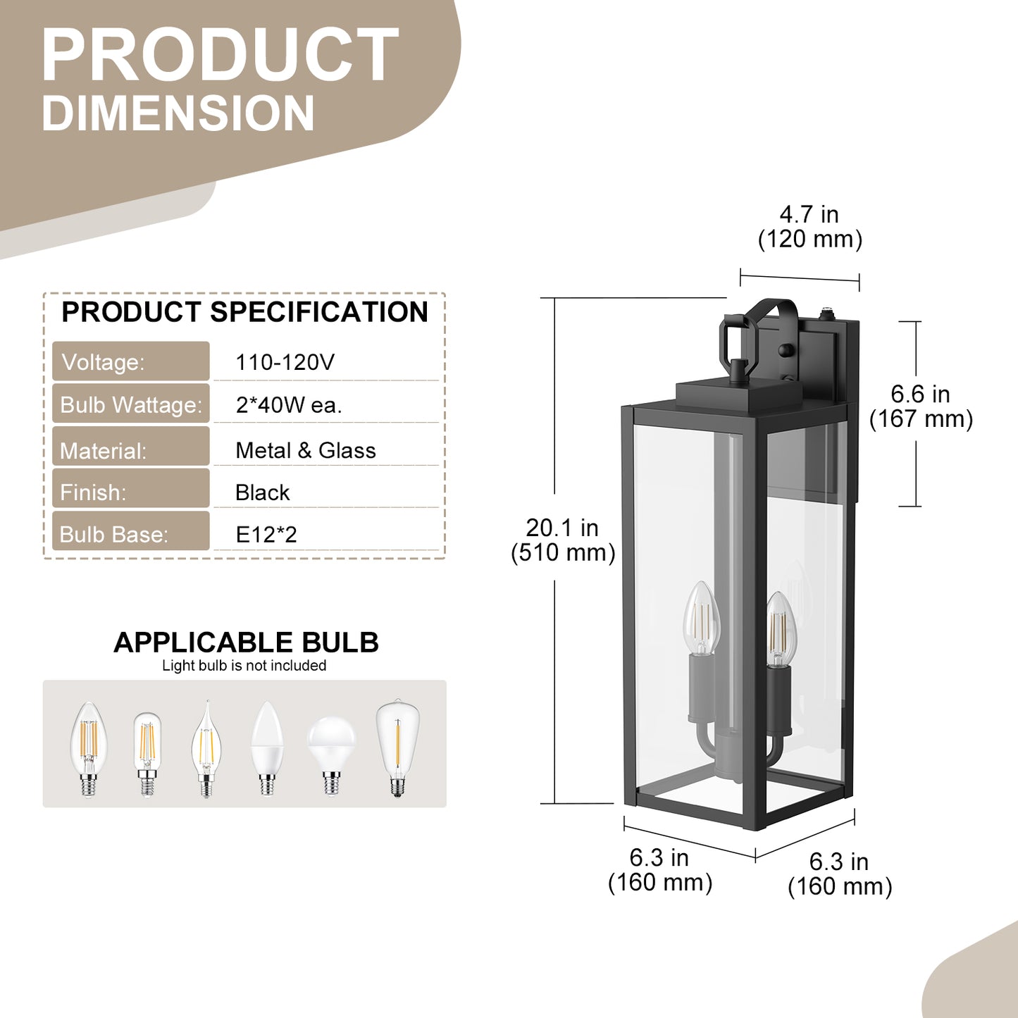 YANSUN 20 in. Matte Black Rectangular Outdoor Wall Sconce with with Clear Glass Shade and Light Sensor, (Set of 2)