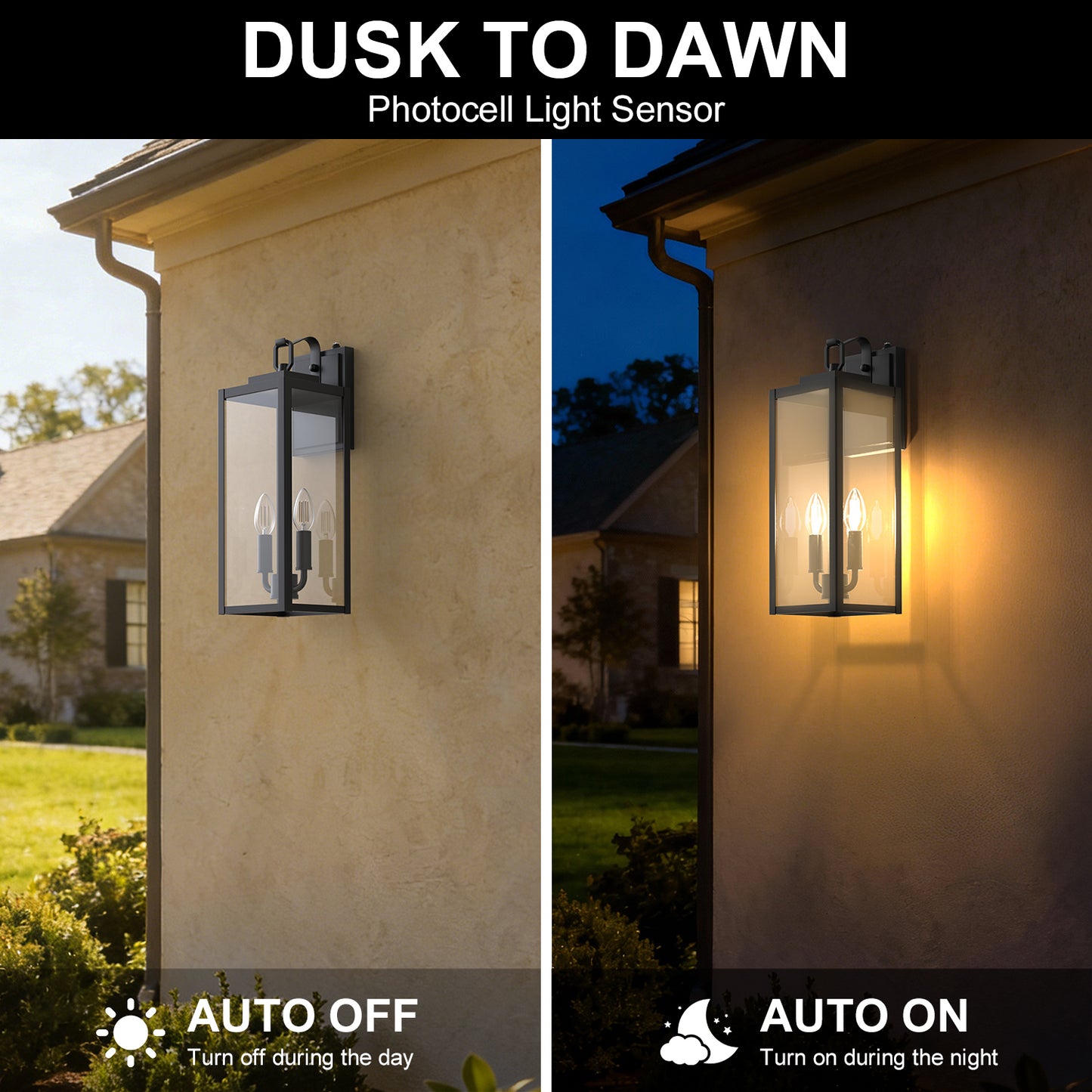 YANSUN 20 in. Matte Black Rectangular Outdoor Wall Sconce with with Clear Glass Shade and Light Sensor, (Set of 2)