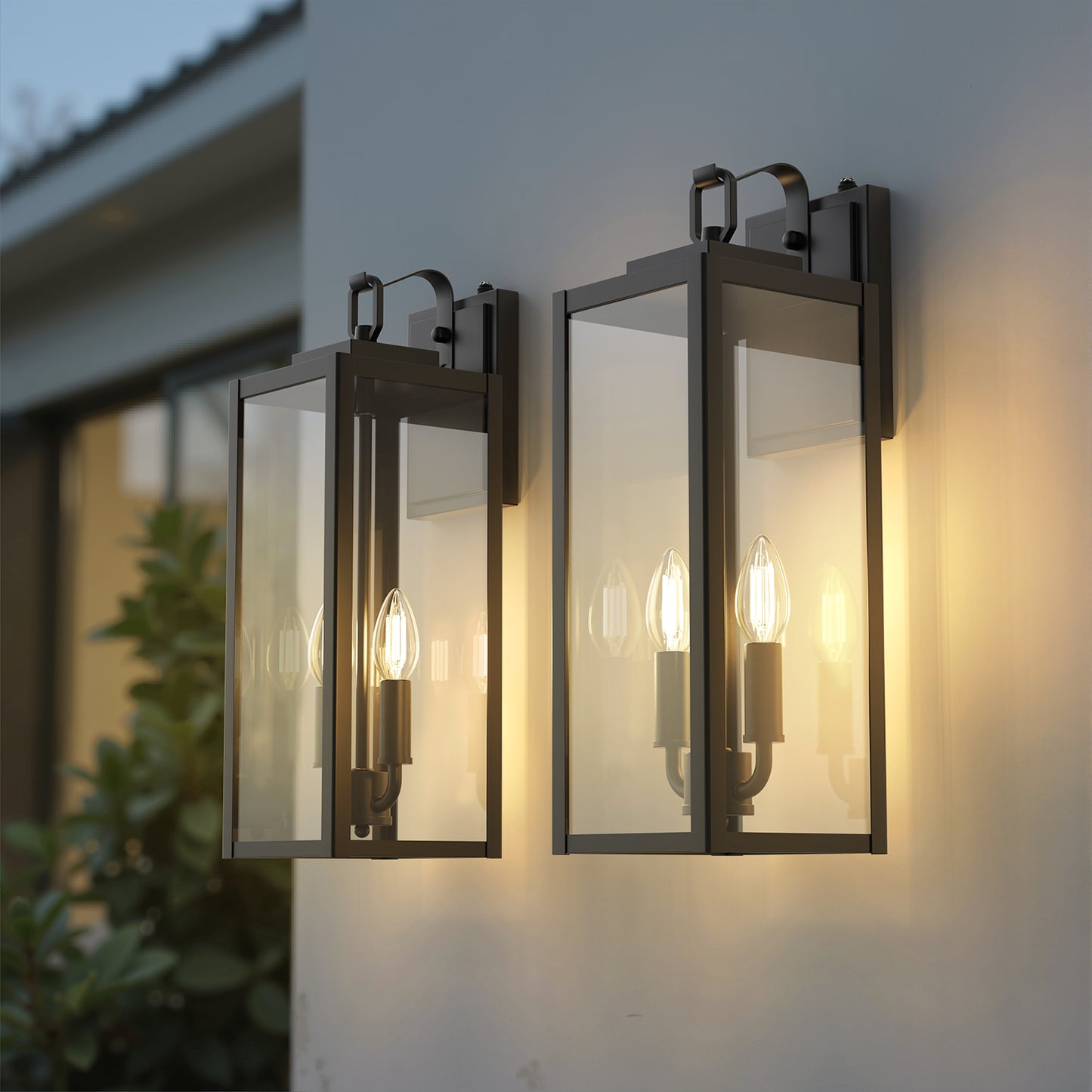 YANSUN 20 in. Matte Black Rectangular Outdoor Wall Sconce with with Clear Glass Shade and Light Sensor, (Set of 2)
