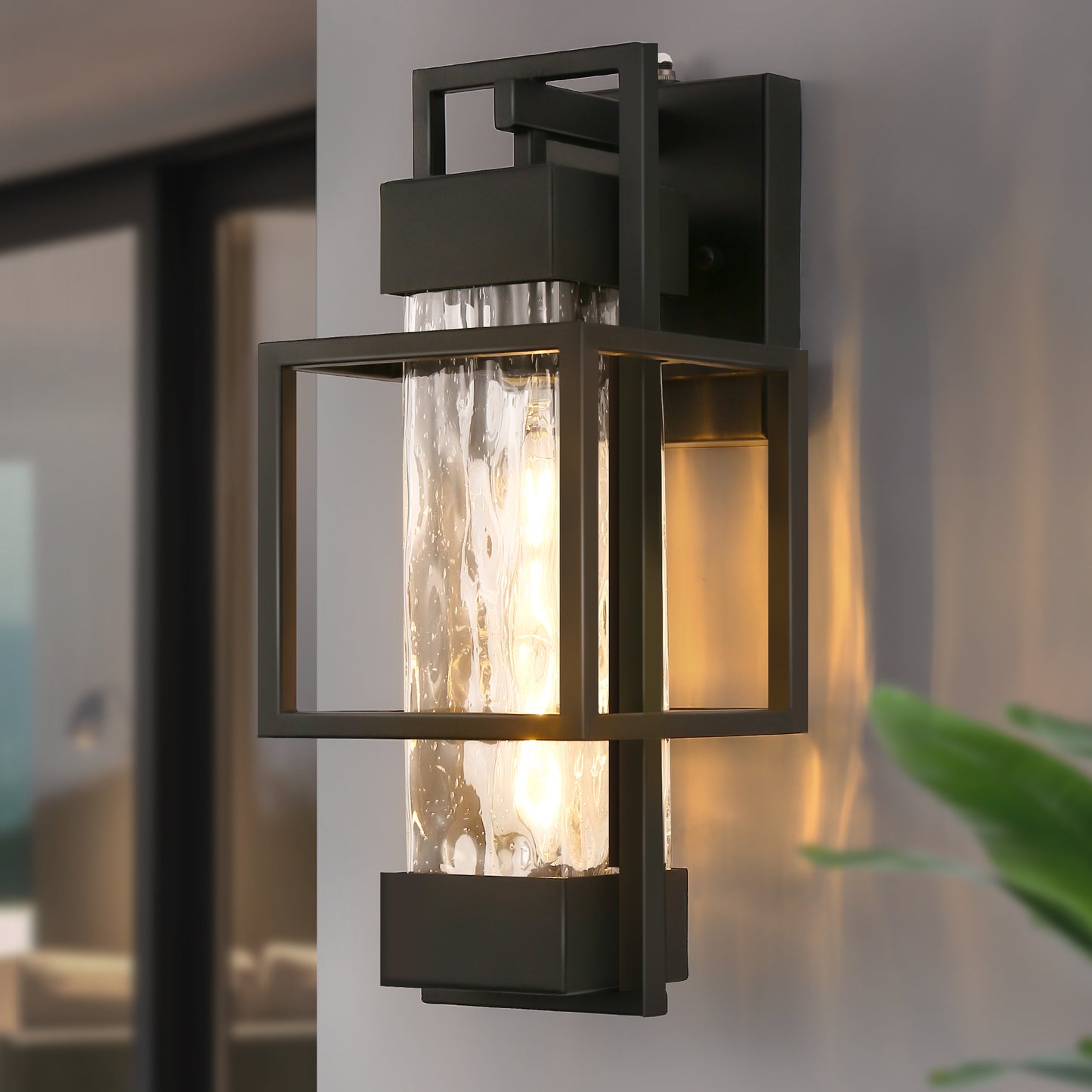 YANSUN 1-Light Black Outdoor Wall Lantern Sconce with Water Glass Shade, Hardwired Fixture with Photocell Sensor for Porche