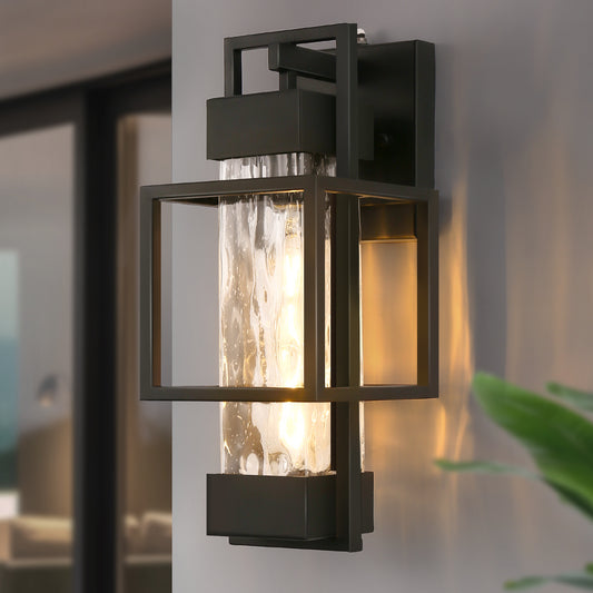 YANSUN 1-Light Black Outdoor Wall Lantern Sconce with Water Glass Shade, Hardwired Fixture with Photocell Sensor for Porche