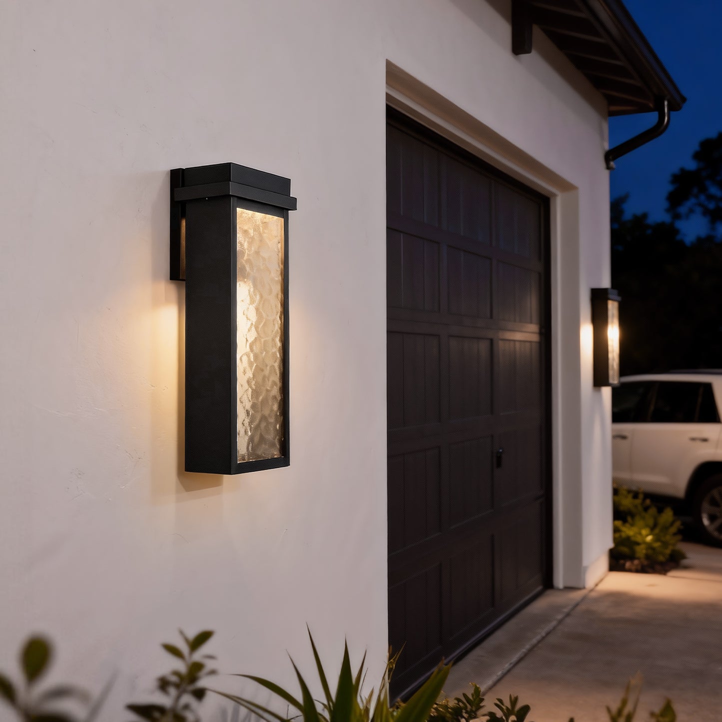 YANSUN 10-Watt Sand Black Rectangle Water Ripple Outdoor Coach Sconce with Dusk to Dawn, 3000K LED, (Set of 2) for Entries