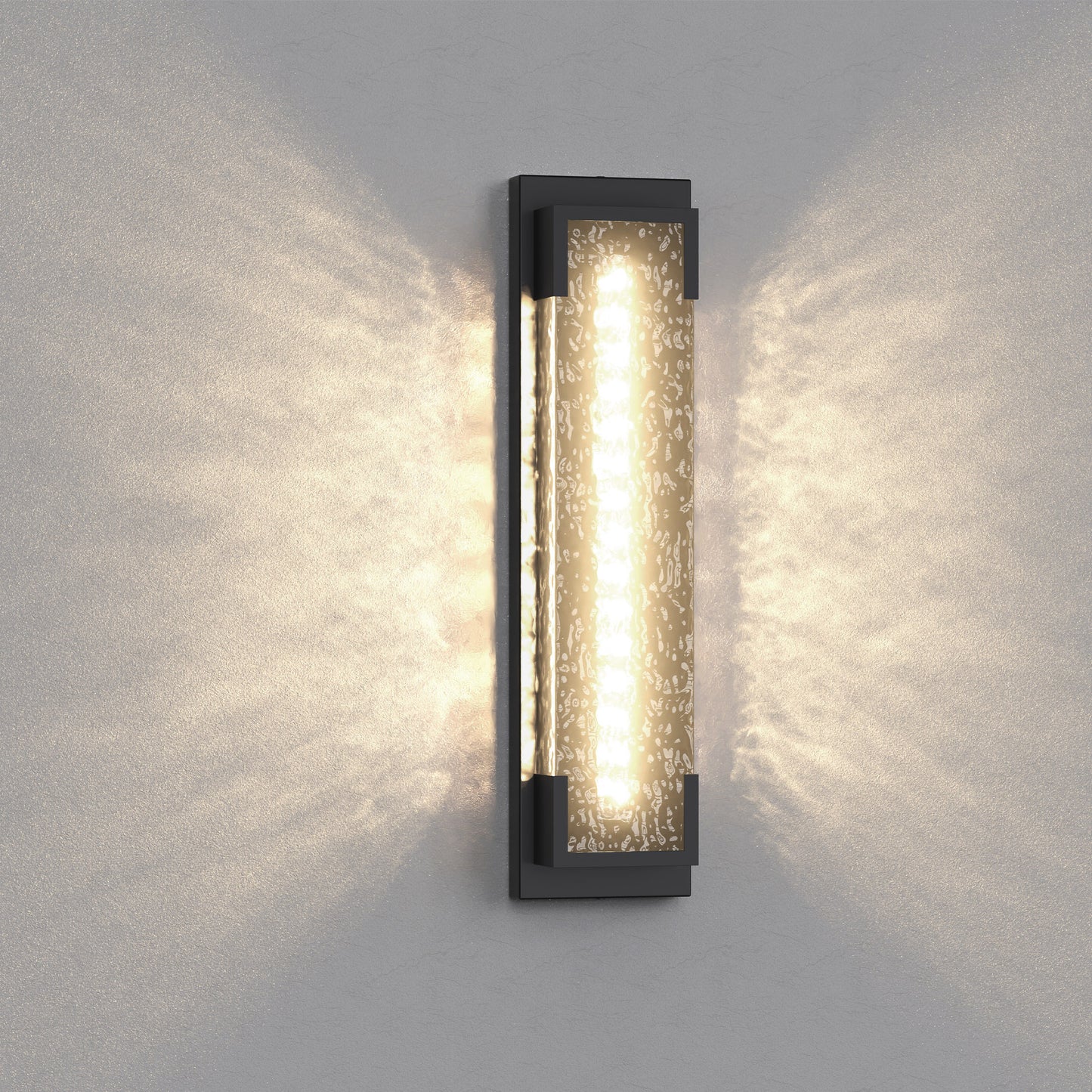 YANSUN Outdoor Wall Light with Wavy Glass Panel, Integrated LED 2700K Warm White, Sand Black Finish, 18.9-Inch Length
